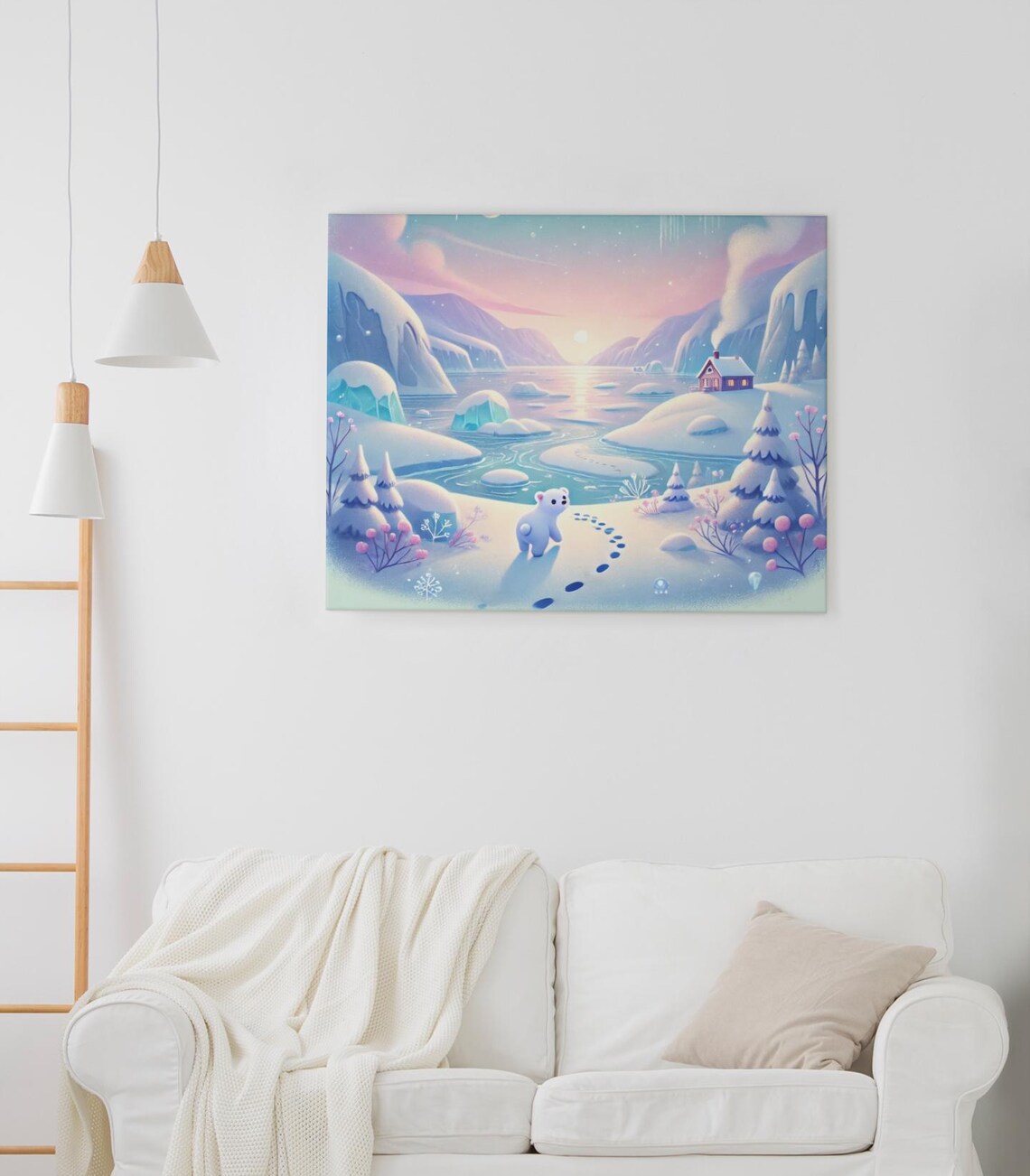 Cute Polar Bear Winter Art, Cozy Arctic Landscape
