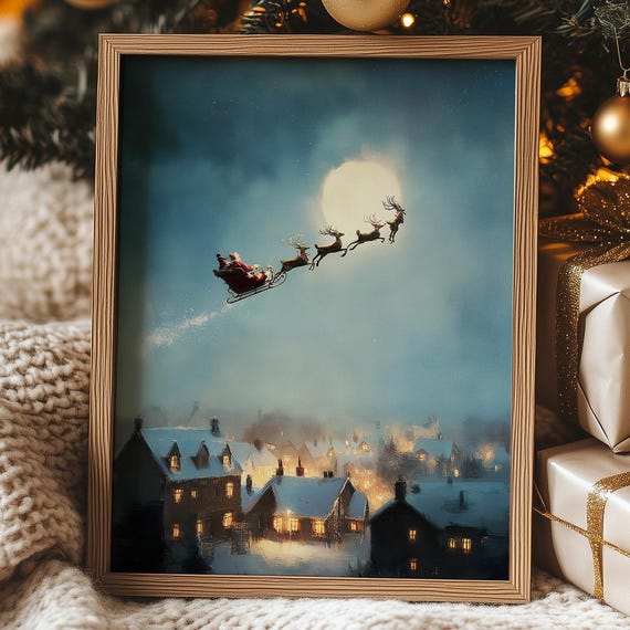 Vintage Santa Sleigh Print Christmas Wall Art Cute Reindeer Oil Painting Xmas Poster Holiday Decor Winter Snow Landscape Festive Gift