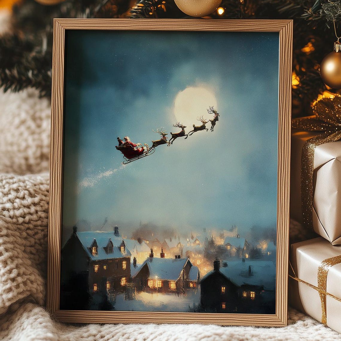 Santa Claus Sleigh Flying Over Snowy Town Christmas Eve Art Poster