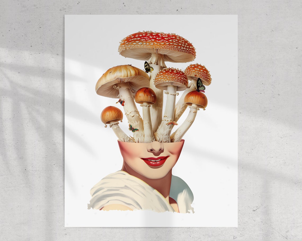 Smiling Woman With Mushroom Head Retro Surreal Psychedelic Art Poster