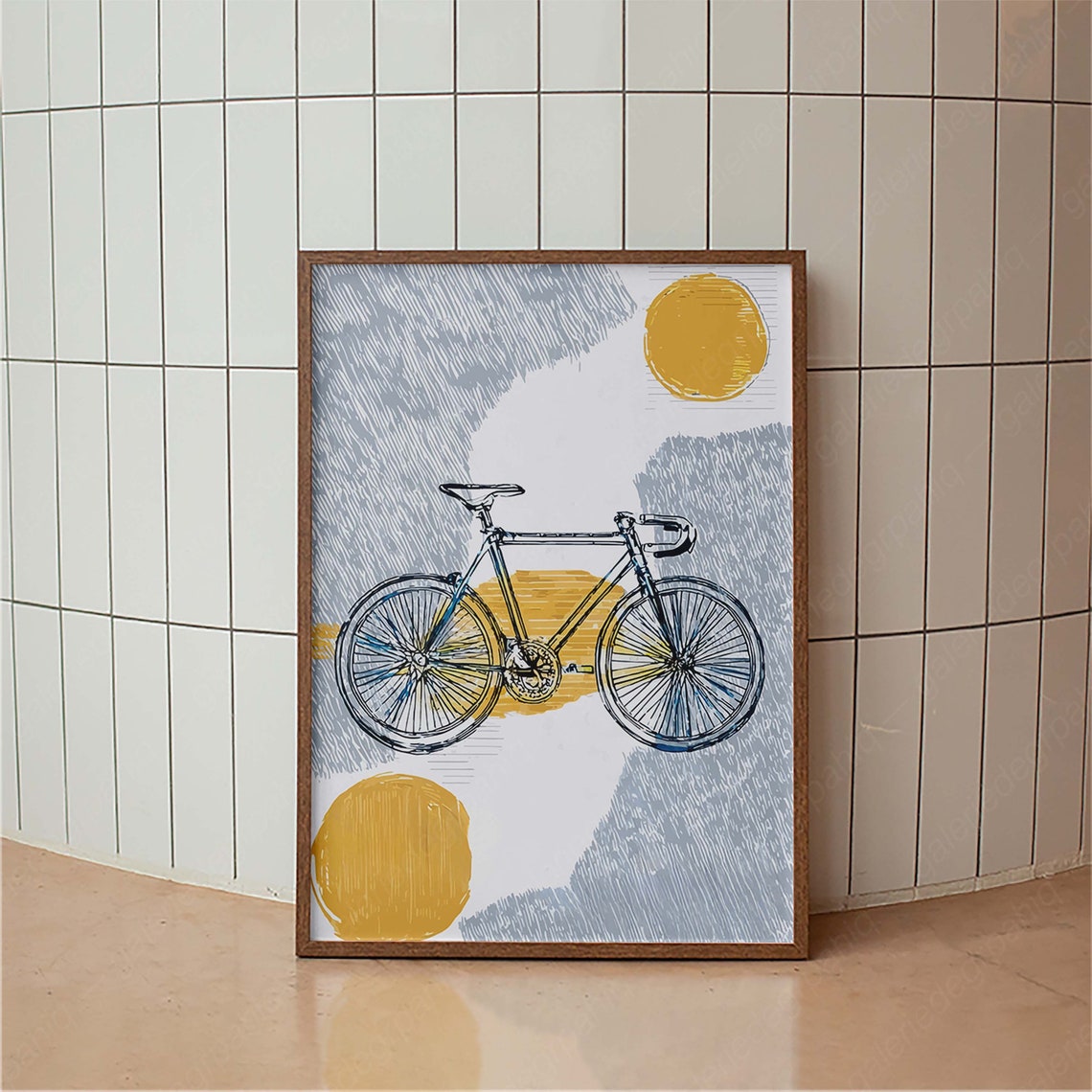 Vintage Bicycle Sketch Golden Sun Circles Minimalist Bike Art Poster