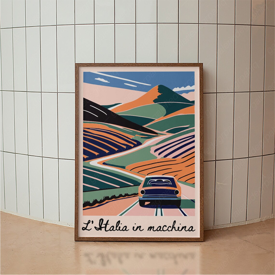 Retro Italy By Car Travel Poster, Mid-Century Modern