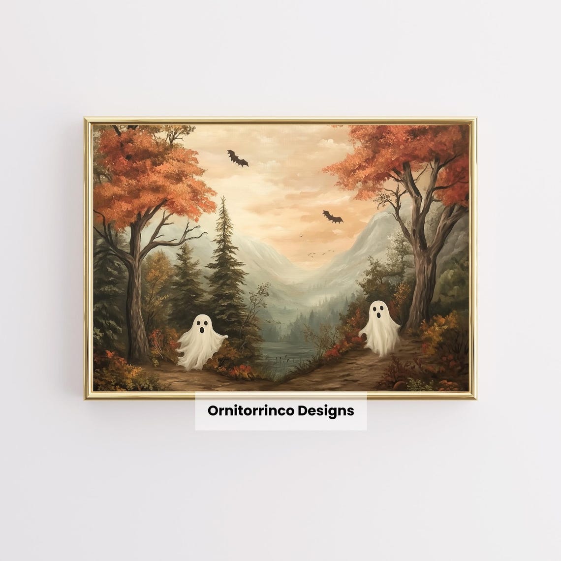 Vintage Ghosts Autumn Valley Spooky Cute Halloween Art Print Poster - Image 3