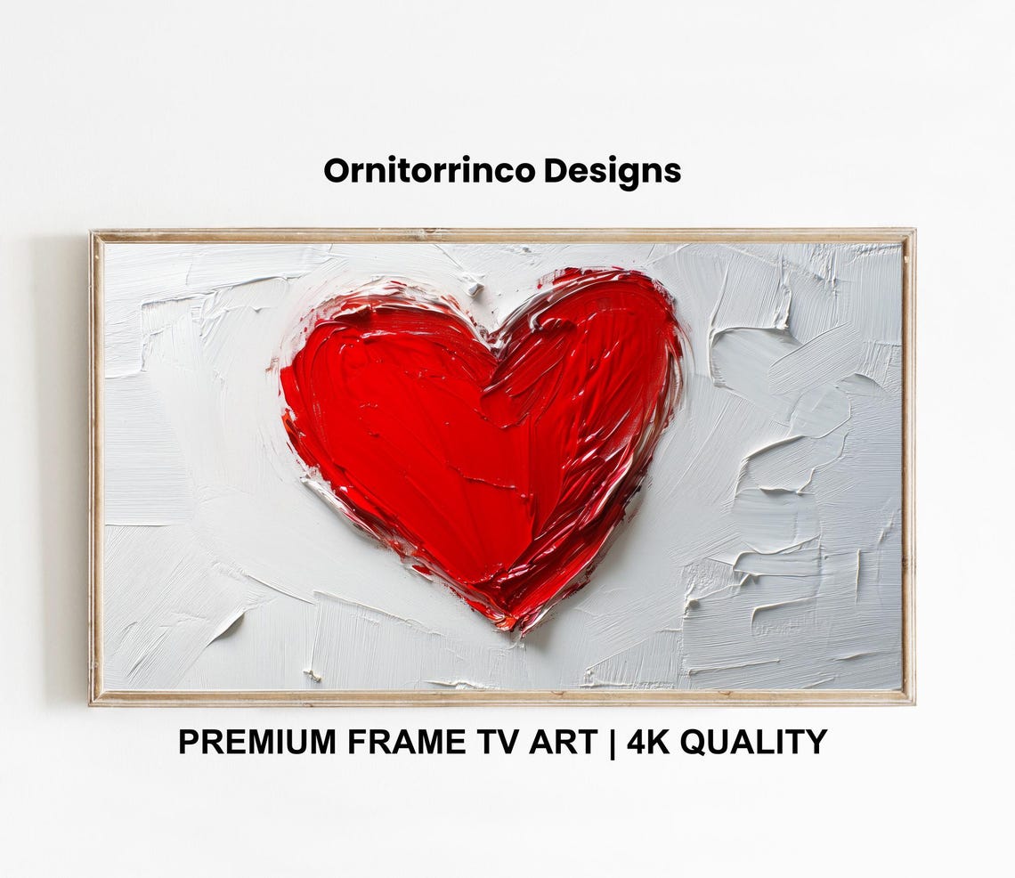 Red Heart Textured Impasto Oil Painting White Background Wall Art - Image 3