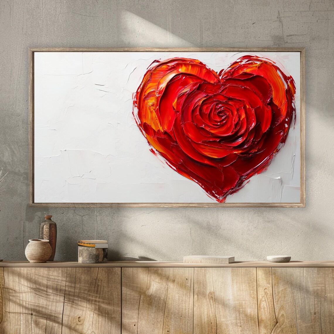 Red Rose Heart Textured Impasto Oil Painting Romantic Wall Art - Image 2