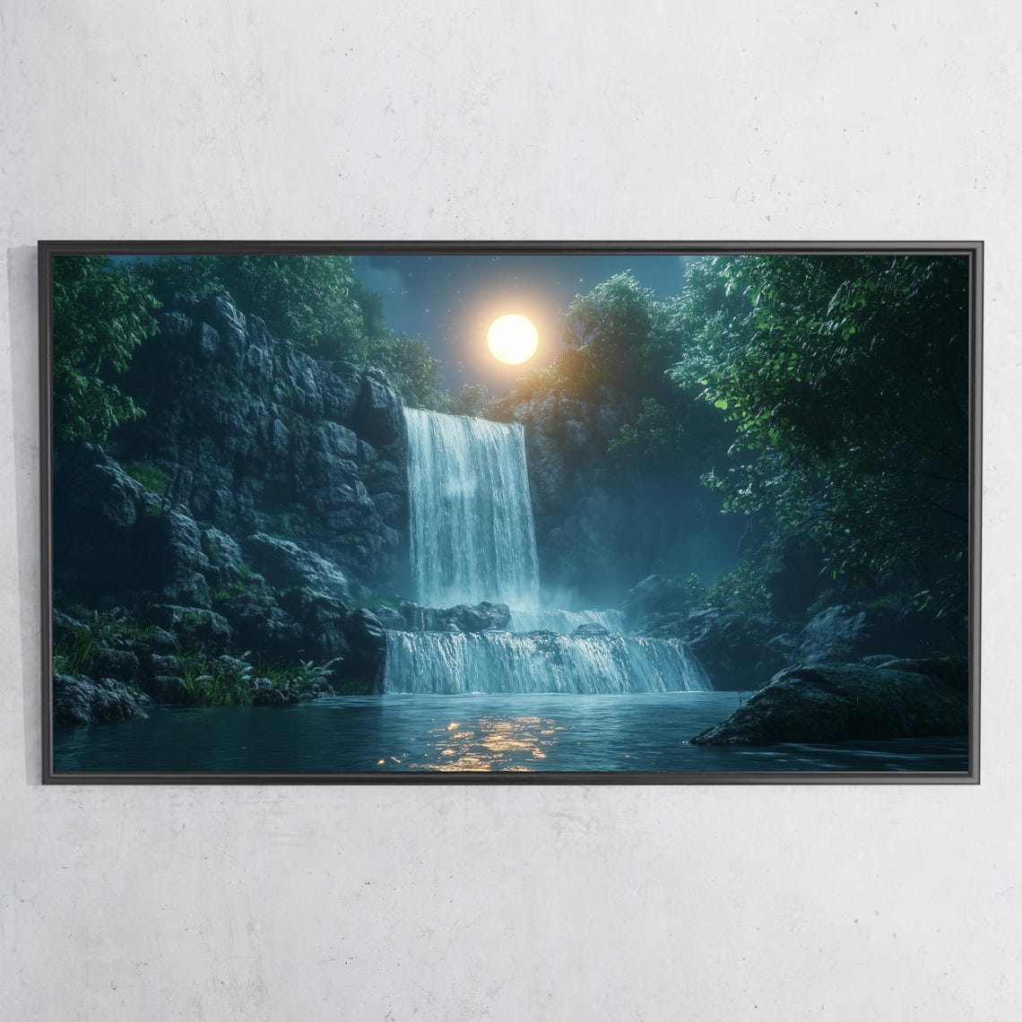 Moonlit Waterfall Jungle Night Tropical Falls Serene Wall Art Print - Image 3