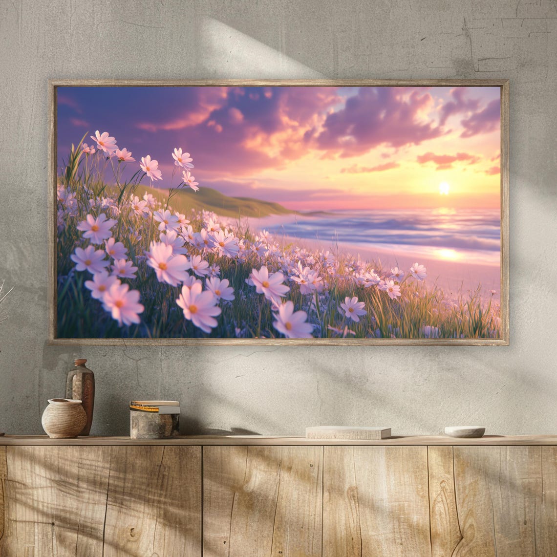 Beach Wildflowers Sunset Pink Sky Ocean Coastal Floral Wall Art Print - Image 2