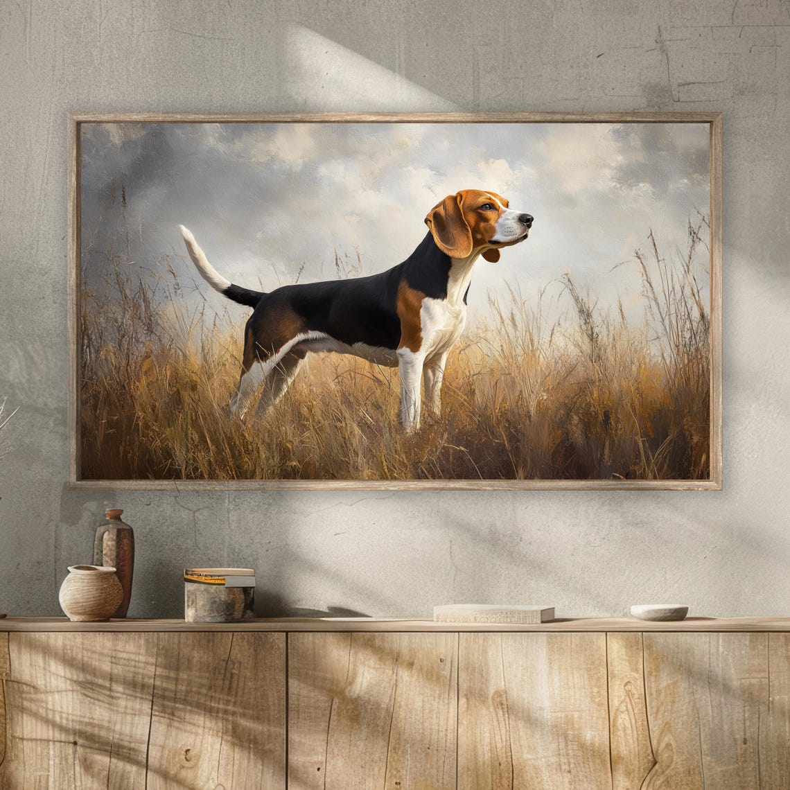 Beagle Dog Standing Golden Field Grass Oil Painting Hunting Wall Art - Image 2