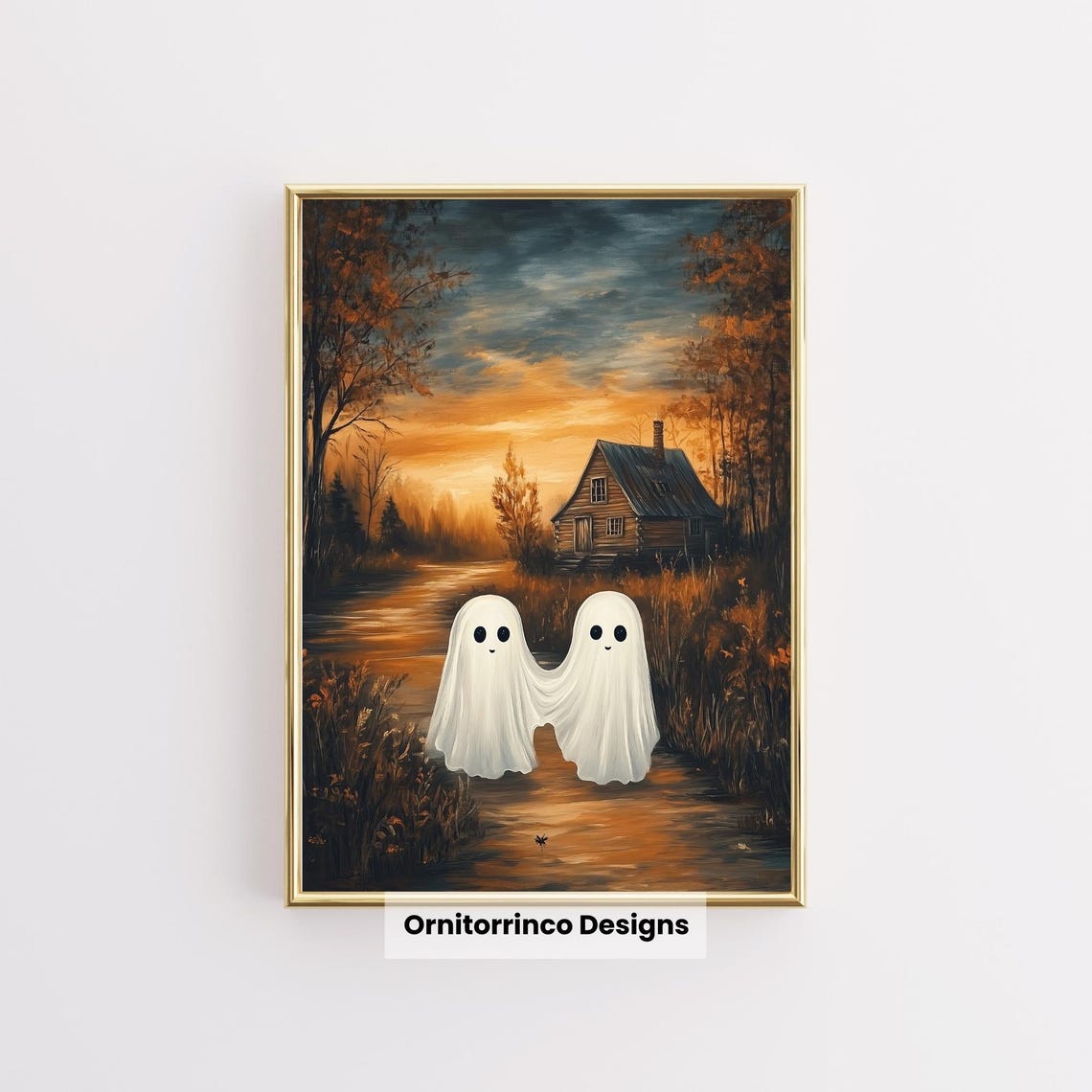 Ghosts Holding Hands Country Cabin Sunset Autumn Halloween Wall Art