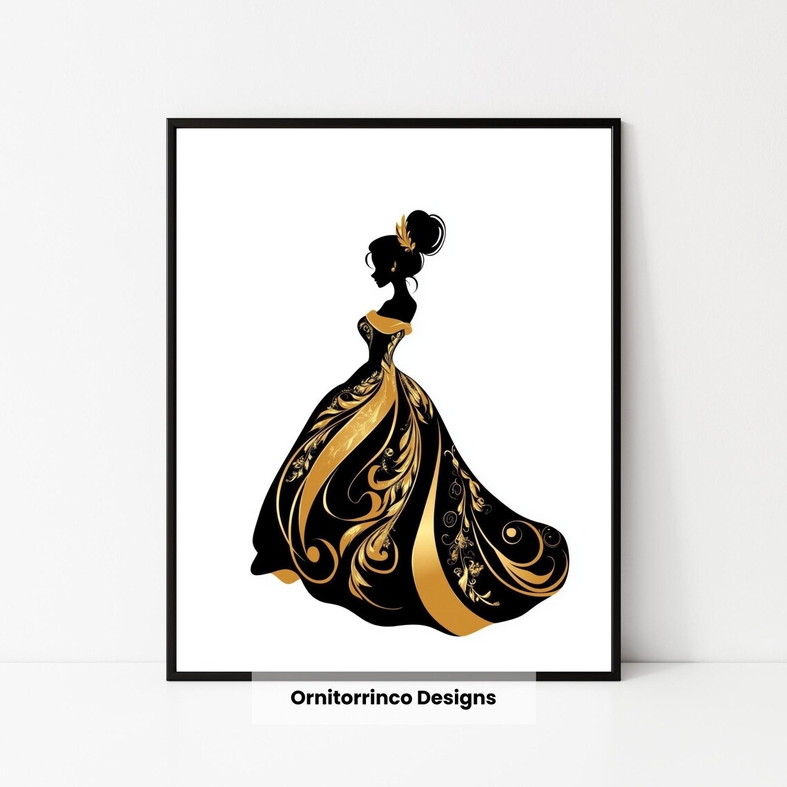 Black Gold Princess Gown Silhouette Ornate Ballgown Nursery Poster - Image 3