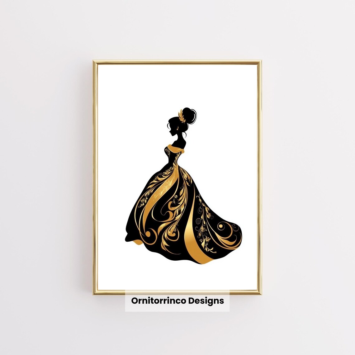 Black Gold Princess Gown Silhouette Ornate Ballgown Nursery Poster