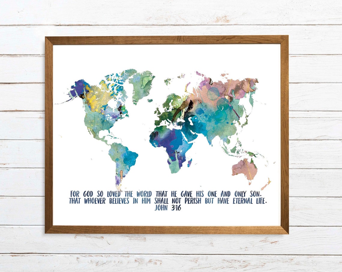 John 316 World Map Watercolor Scripture Verse Christian Wall Art