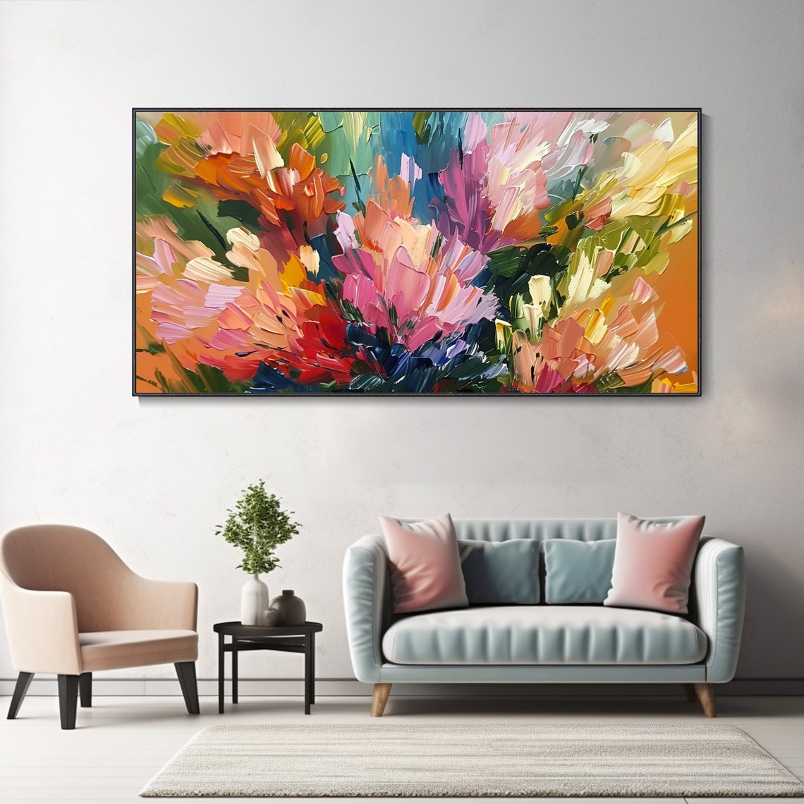 Abstract Colorful Flower Bouquet Impasto Pink Orange Blue Wall Art - Image 3