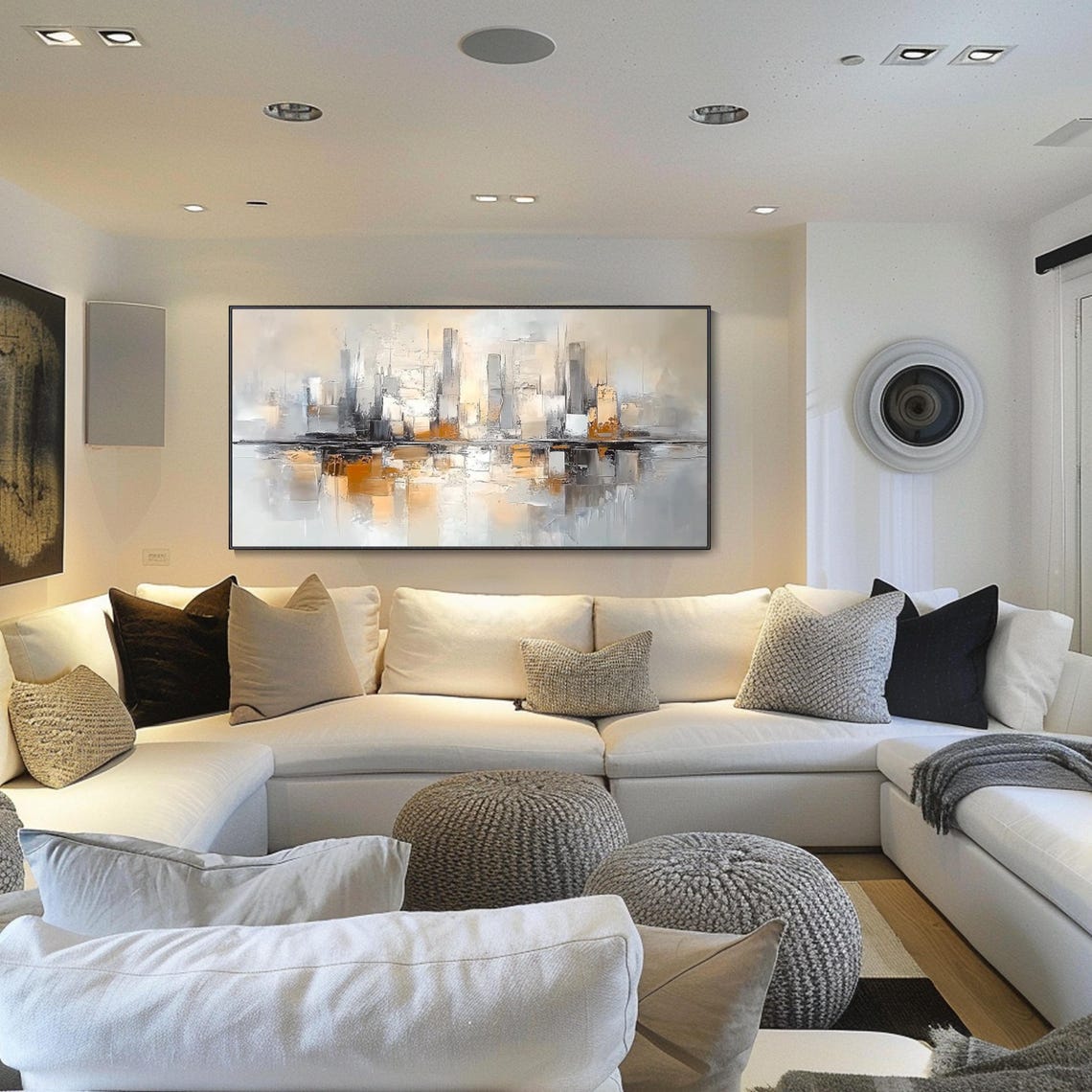 Neutral Gray Beige City Skyline Water Reflection Modern Wall Art - Image 3
