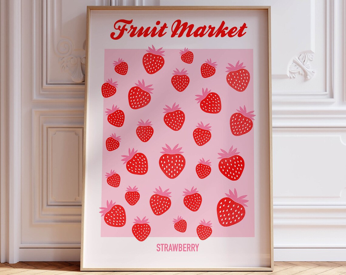 Pink Strawberry Art Print, Maximalist Kitchen Decor