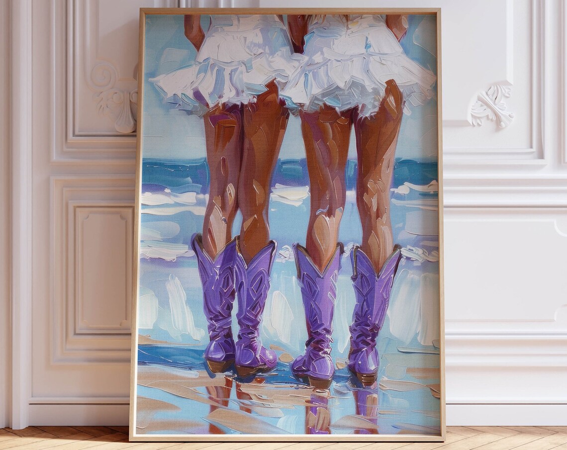 Cowgirl Boots on the Beach Coastal Western Ocean Painting Wall Poster
