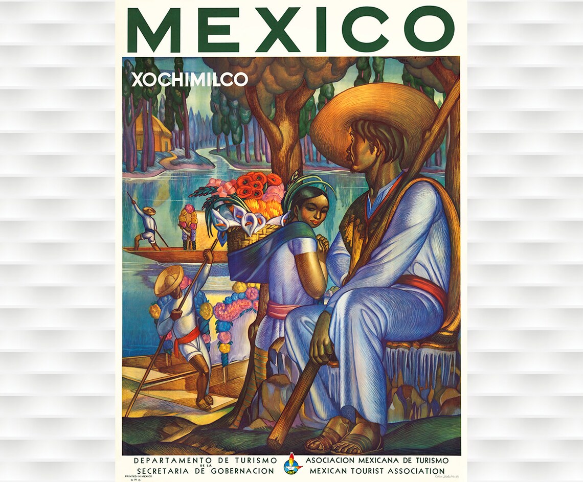 Vintage Mexico Xochimilco Flower Canal Boats Travel Art Poster