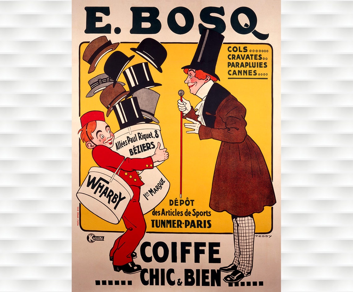E Bosq Coiffe Chic Bien Top Hats Paris Vintage French Poster