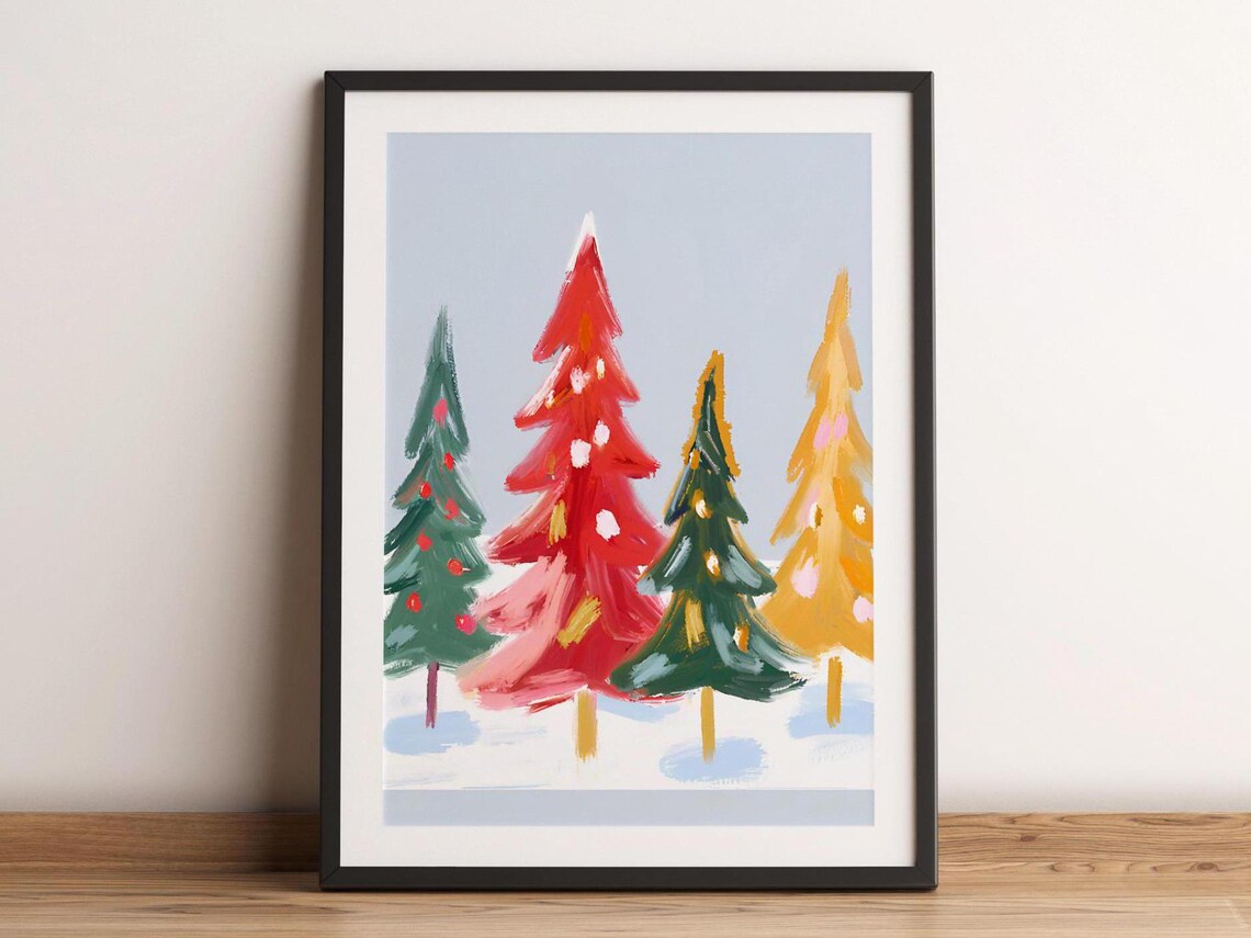 Colorful Christmas Trees Red Green Gold Painterly Holiday Art Poster