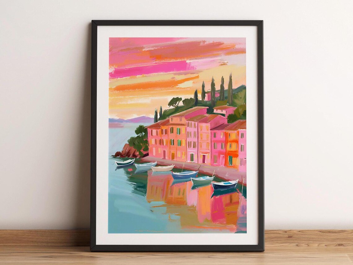 Colorful Mediterranean Coastal Town with Boats Sunset Art Poster