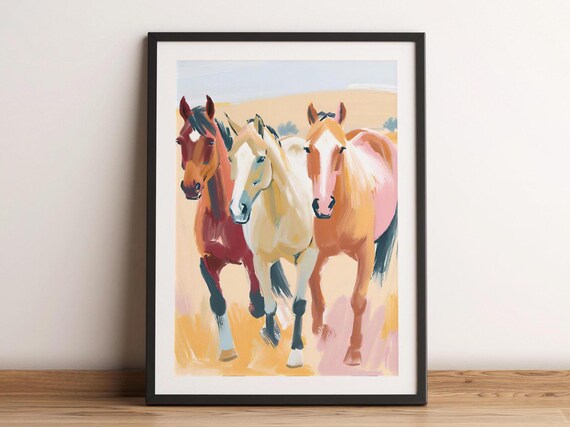 Three Horses Watercolor Painting Rustic Equestrian Art Poster