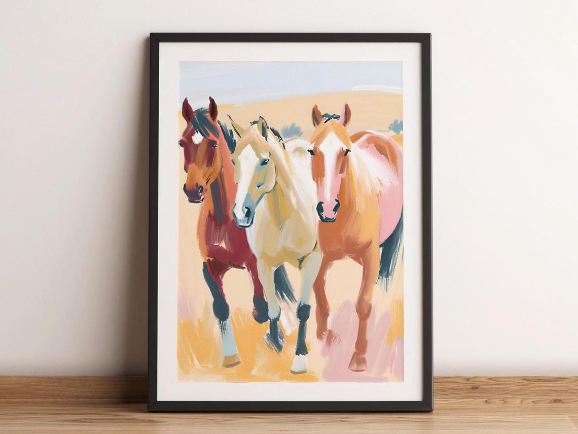 Three Horses Watercolor Painting Rustic Equestrian Art Poster