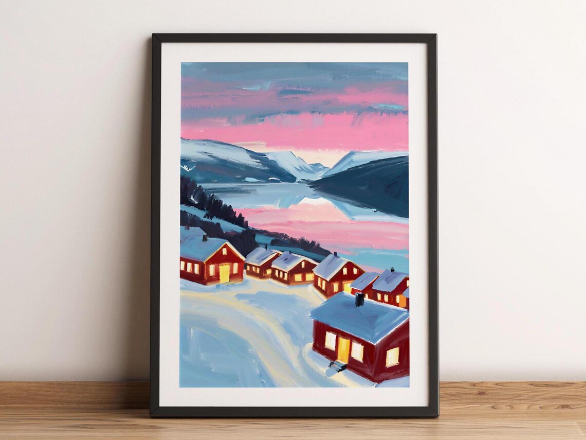 Norway Northern Town Winter Fjord Red Cabins Pink Sky Painting Poster