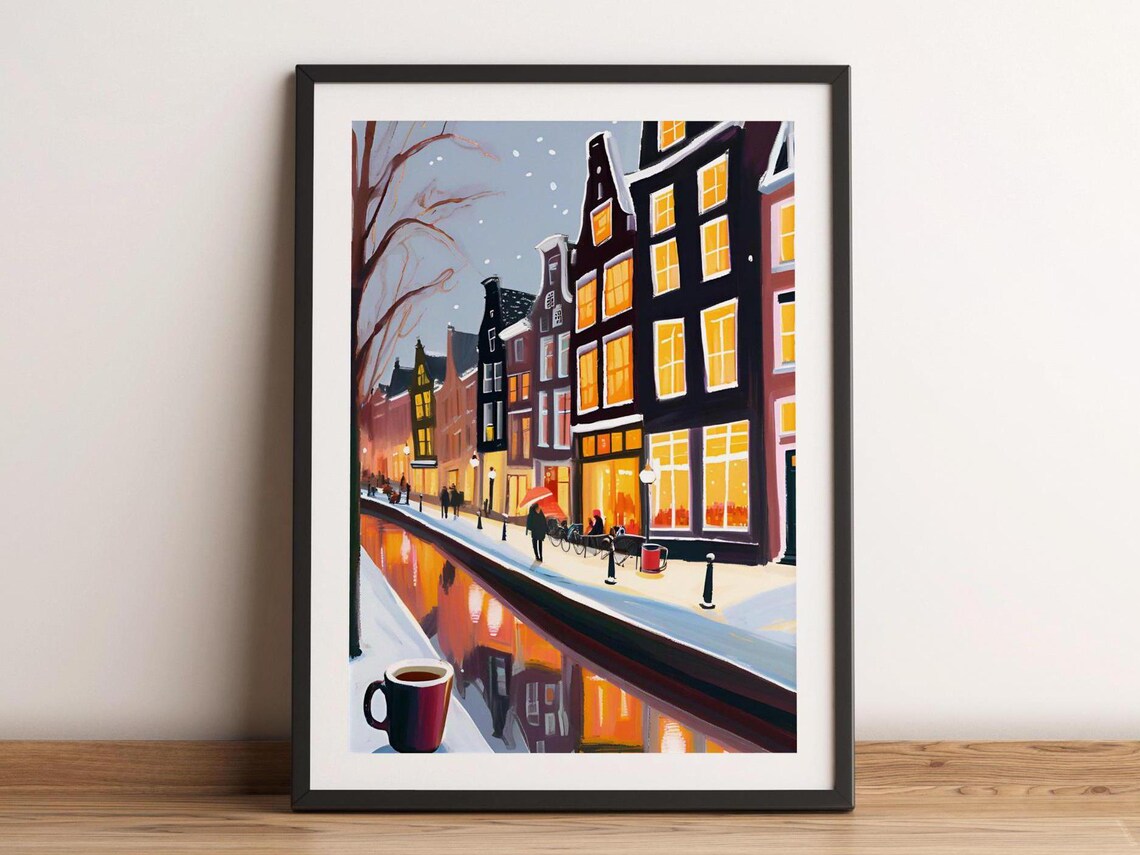 Amsterdam Canal Snowy Winter Painting Wall Art Netherlands Watercolor Travel Poster City Landmark Holland Home Decor