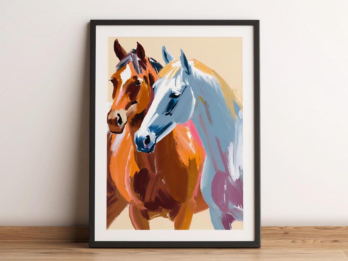 Two Horses Portrait Painterly Chestnut White Equine Western Art Poster