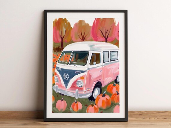Pink Van And Pumpkins Autumn Wall Art Halloween Painting Fall Pumpkin Print Home Decor Soft Cozy Room
