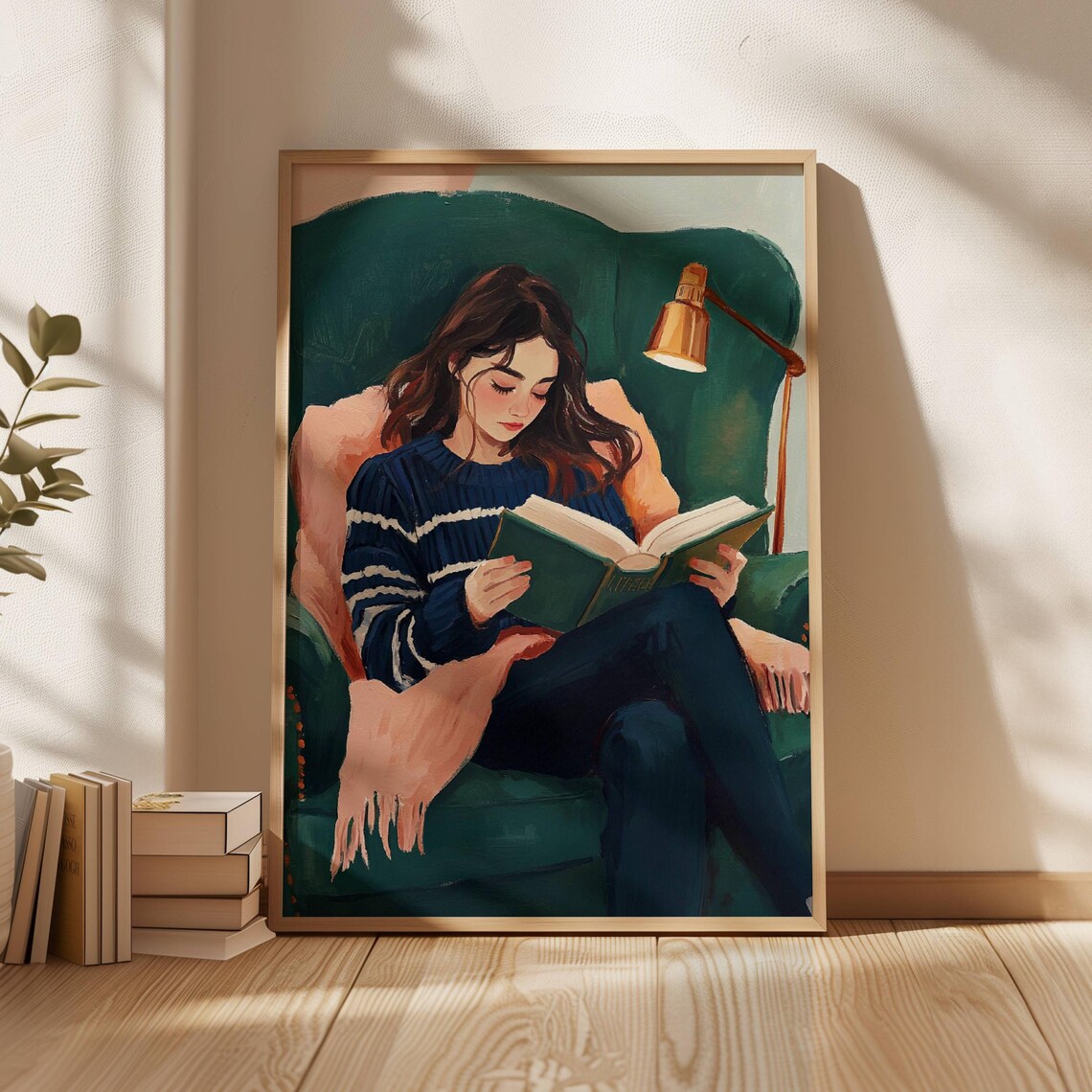 Modern Reading Woman, Minimalist Striped Art Print
