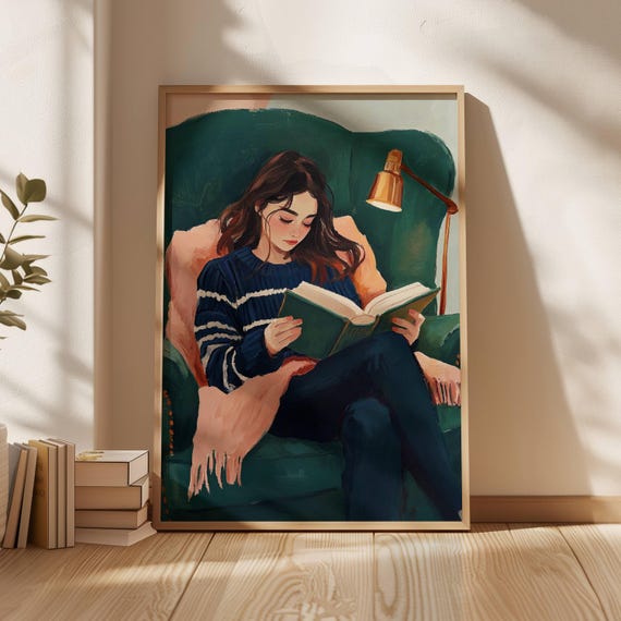 Modern Reading Woman, Minimalist Striped Art Print