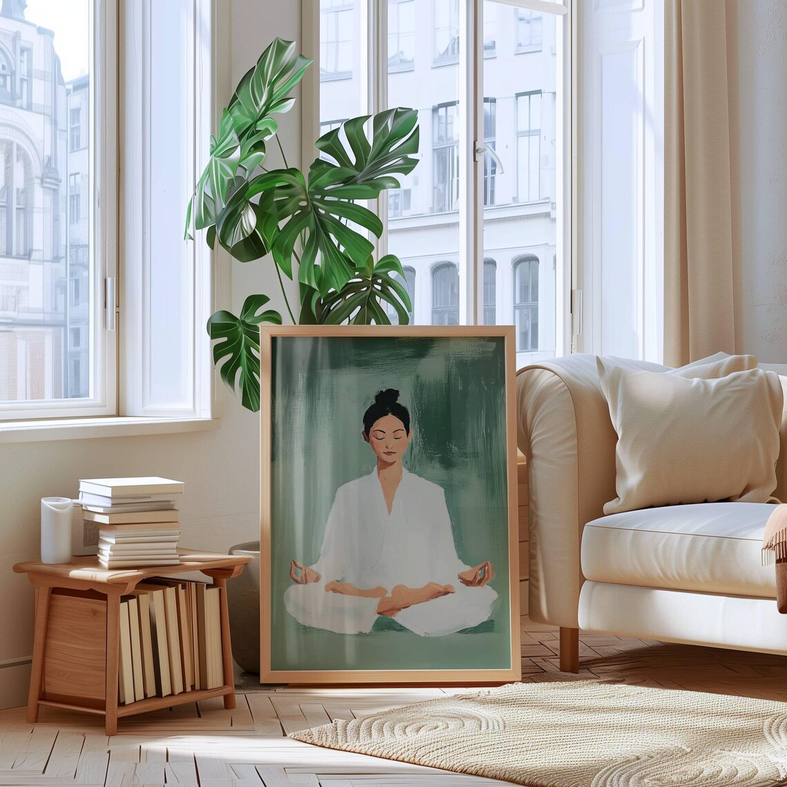 Woman Meditating in White Robe Green Background Yoga Zen Mindfulness Poster - Image 2