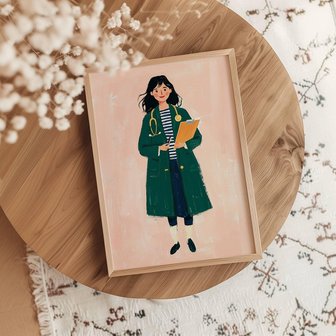 Female Doctor Illustration Green Coat Stethoscope Art Poster - Image 4