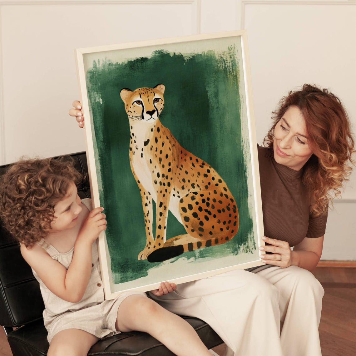 Spotted Wild Cat Sitting Portrait Emerald Green Watercolor Poster - Image 4