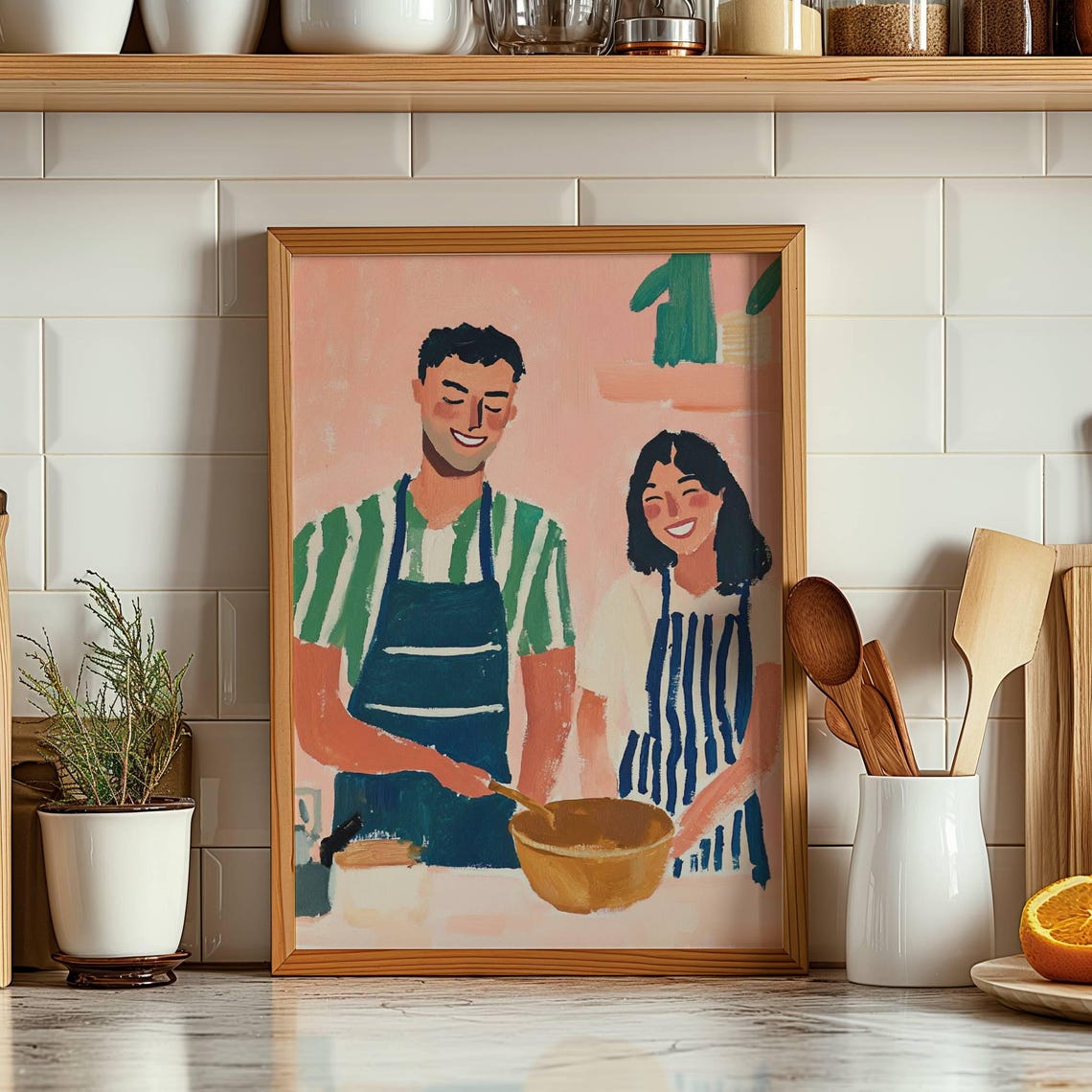 Happy Couple Cooking Together in Kitchen Wearing Aprons Art Poster