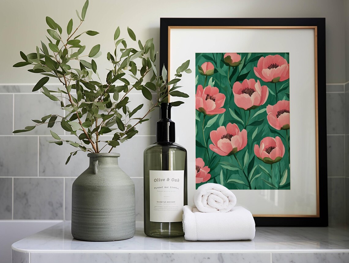 Pink Peony Flowers On Emerald Green Modern Floral Botanical Poster - Image 2