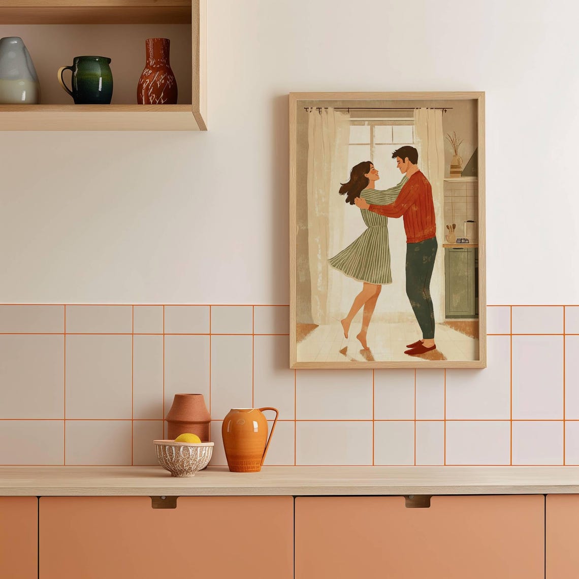Cozy Couple Dancing in Kitchen Romantic Illustration Art Poster - Image 2