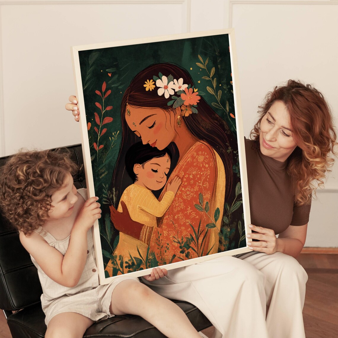 Indian Mother Holding Child Orange Sari Floral Watercolor Poster - Image 2