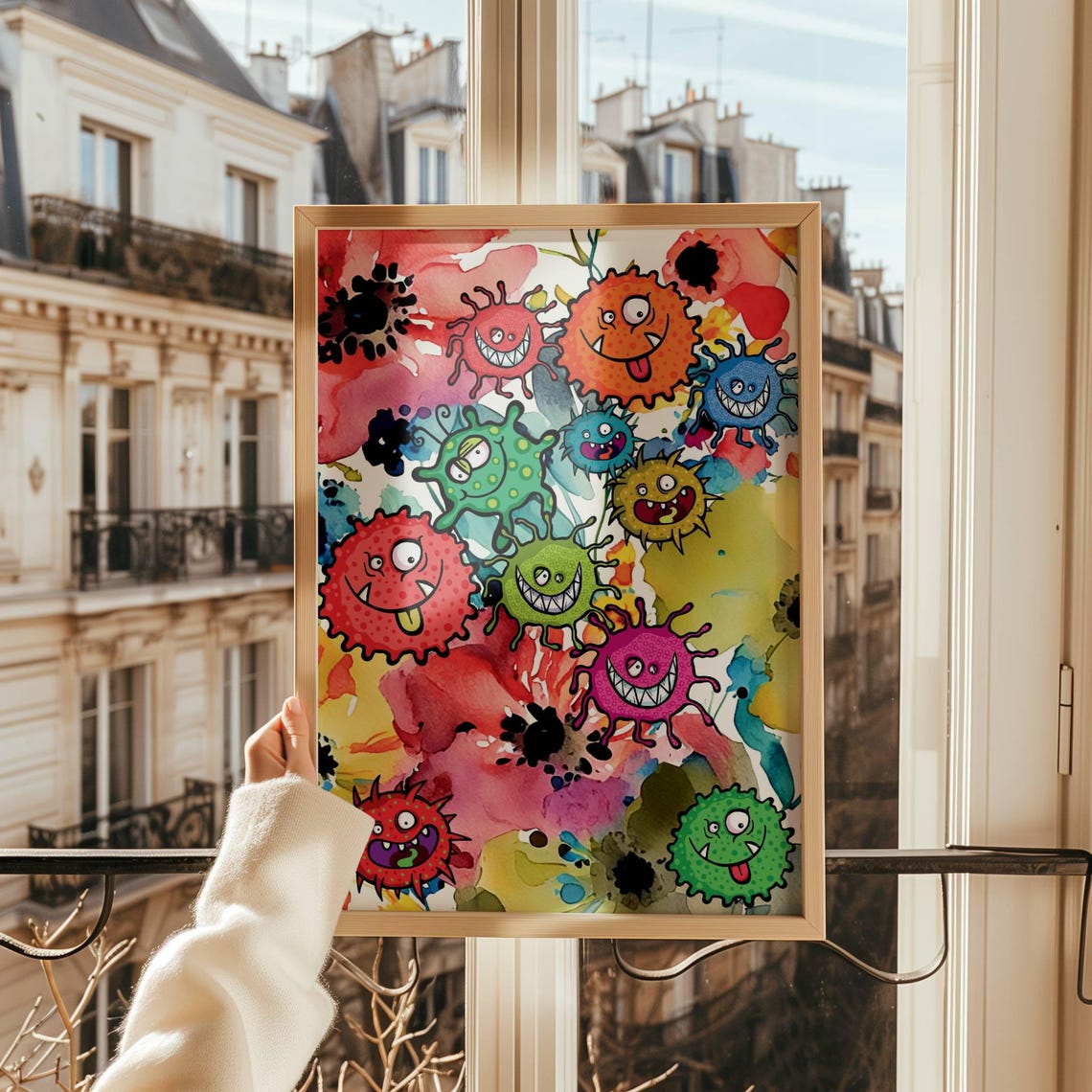 Smiling Cartoon Microbes Colorful Watercolor Microbiology Poster - Image 3