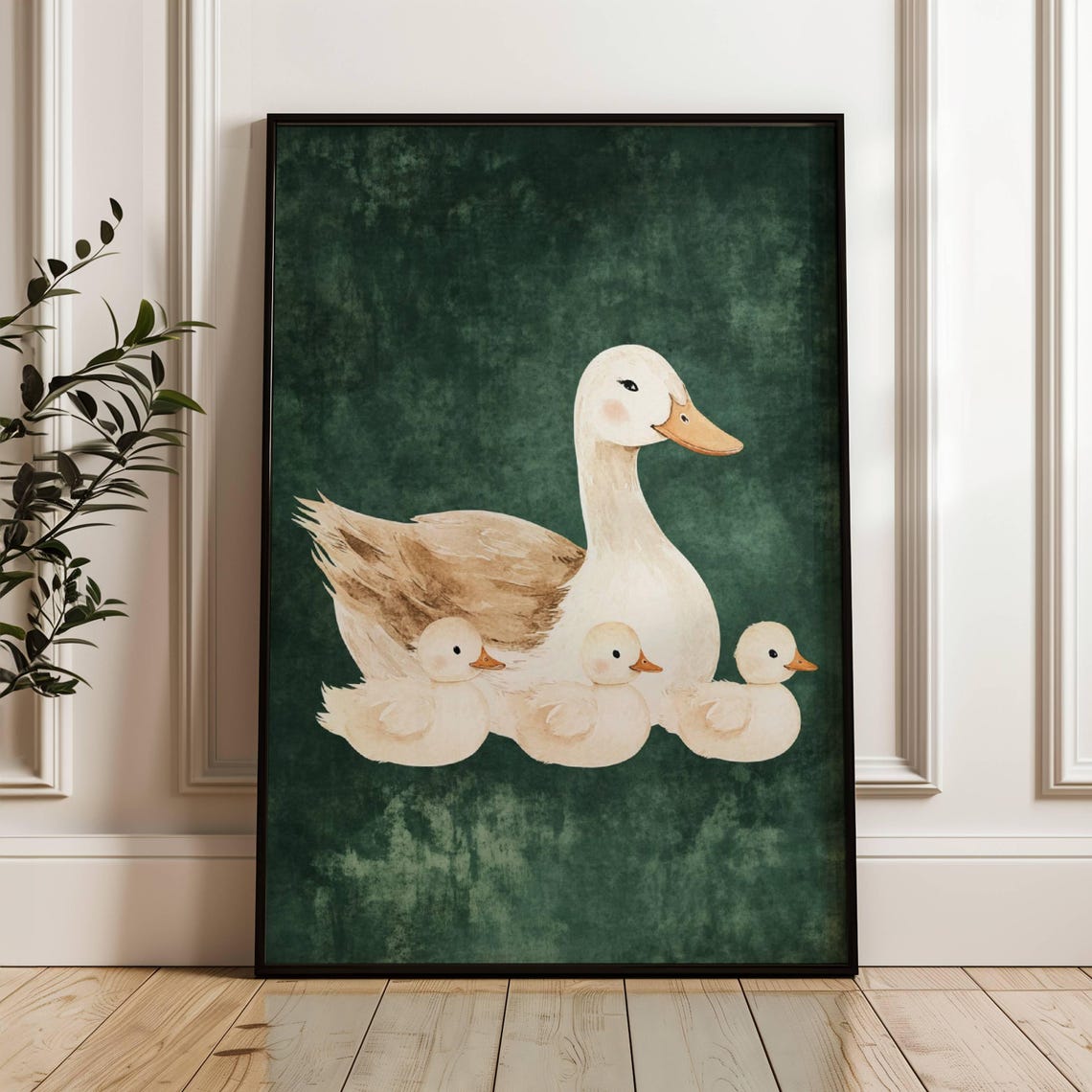 Mother Duck With Three Ducklings Green Nursery Decor Art Poster