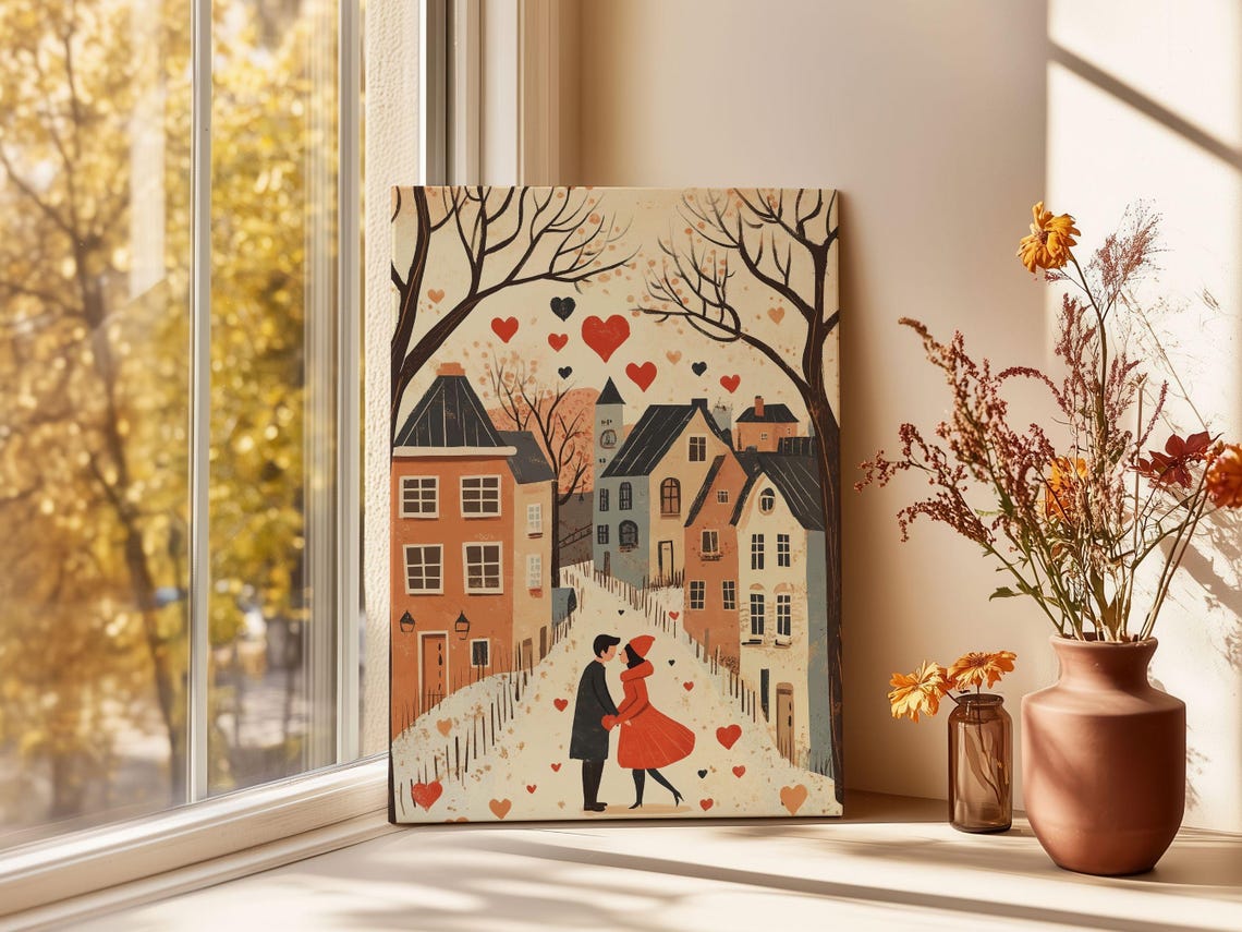Embracing Couple Above Town Falling Hearts Autumn Romance Poster