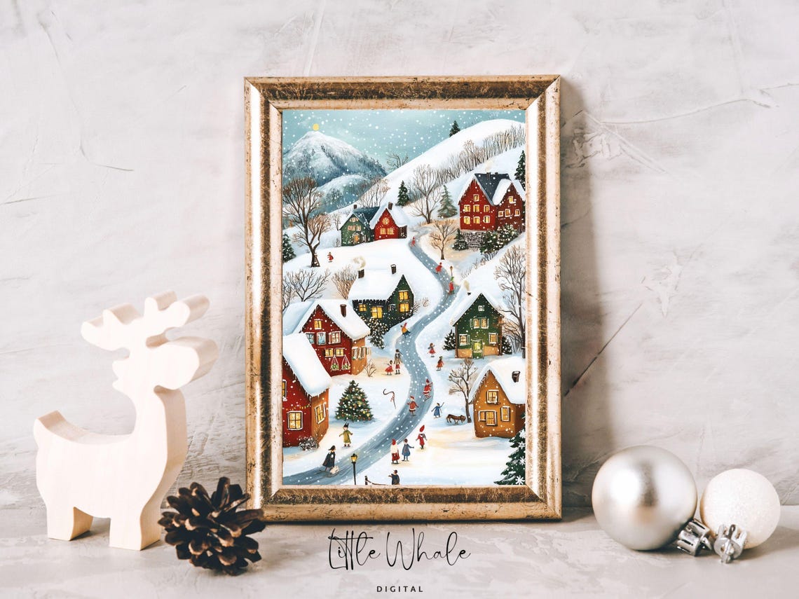 Snowy Christmas Mountain Village Kids Sledding Cozy Scene Poster - Image 2