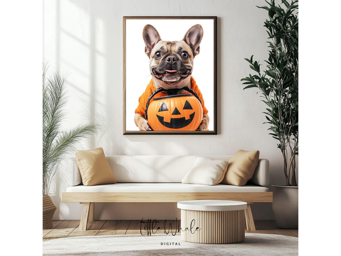 French Bulldog in Orange Costume Holding Pumpkin Candy Bucket Poster - Image 4