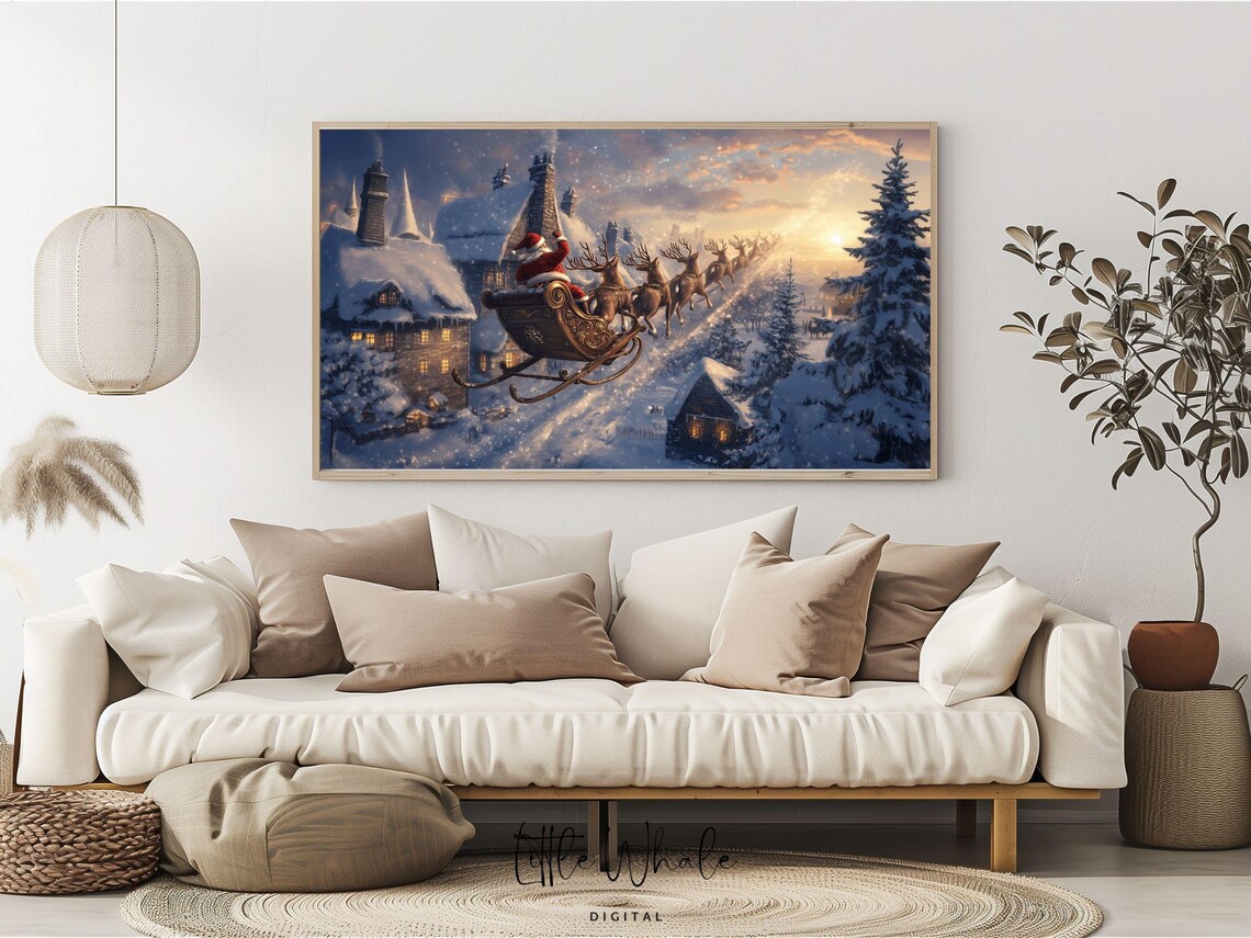 Santa Claus Flying Sleigh Over Snowy Village at Sunset Holiday Poster - Image 2