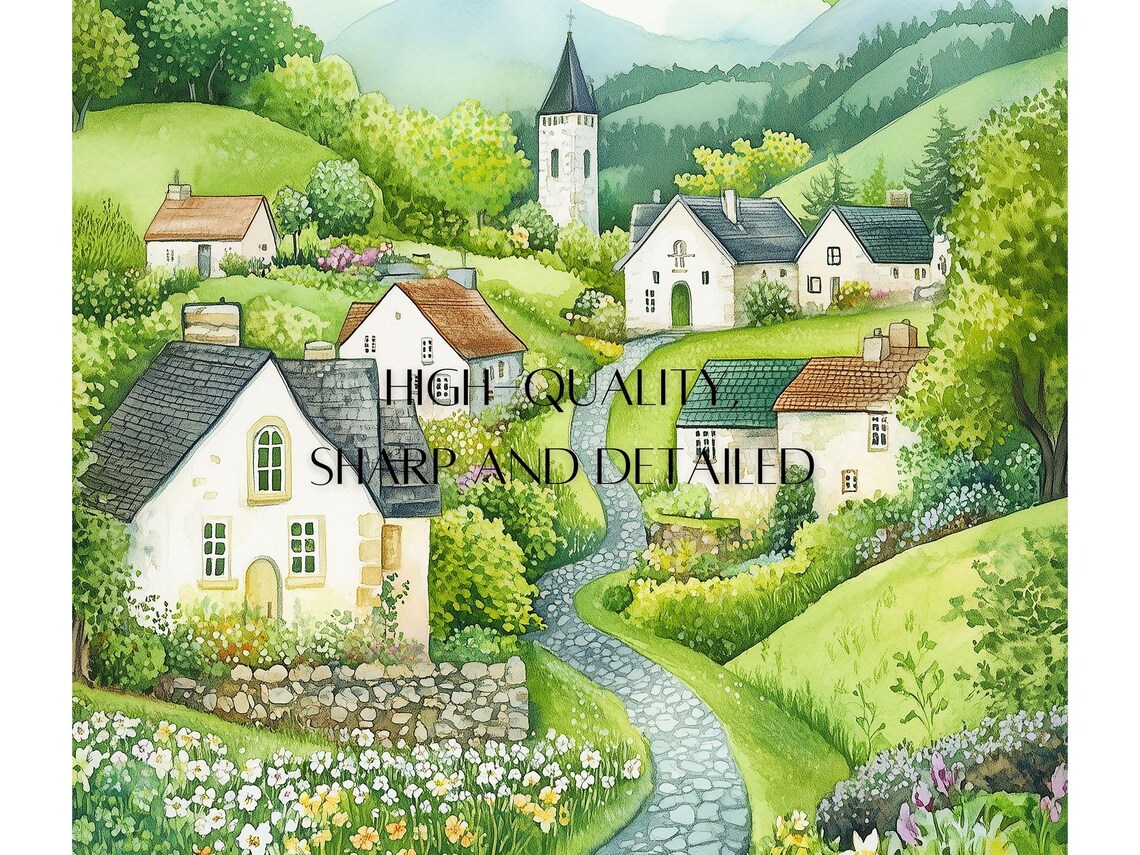 Irish Village Church Rainbow Over Green Hills Watercolor Poster - Image 3