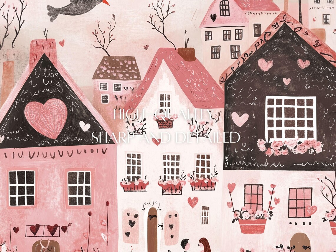 Valentine's Pink Town Couple Heart Decorated Houses Scene Poster - Image 3