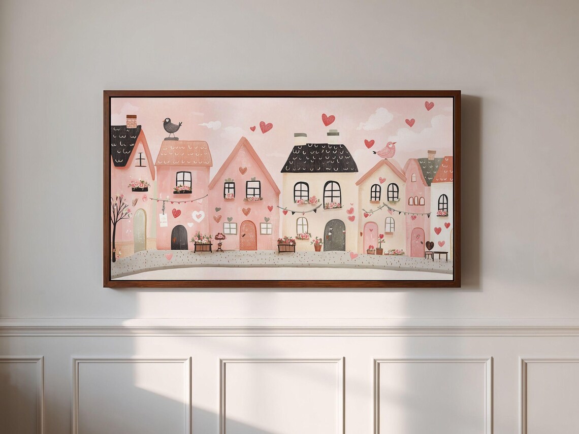 Pink Valentine's Town Houses Heart Garlands Charming Street Poster - Image 2
