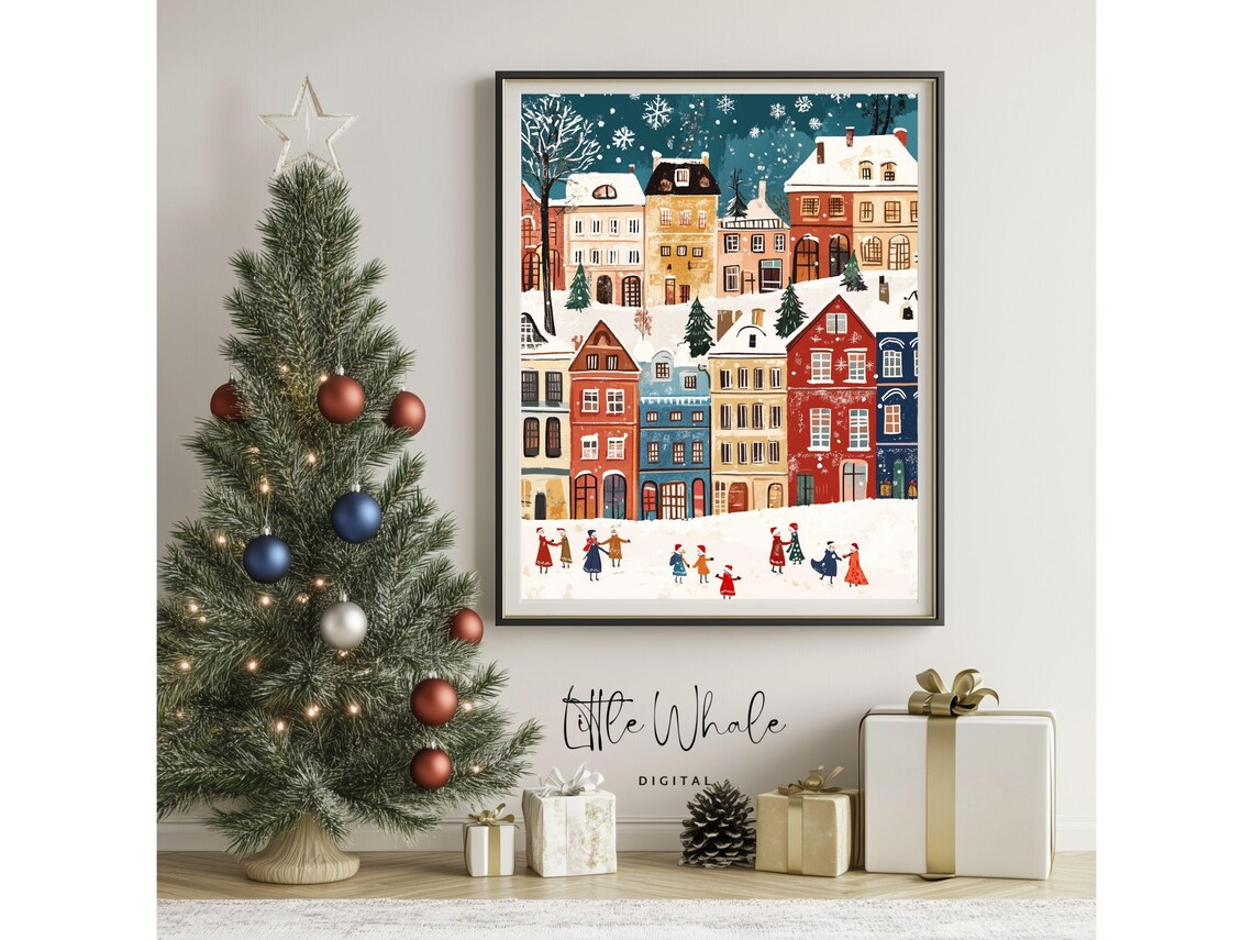 Snowy Night Village Folk Art Scene with Snowflakes and Carolers Poster - Image 3