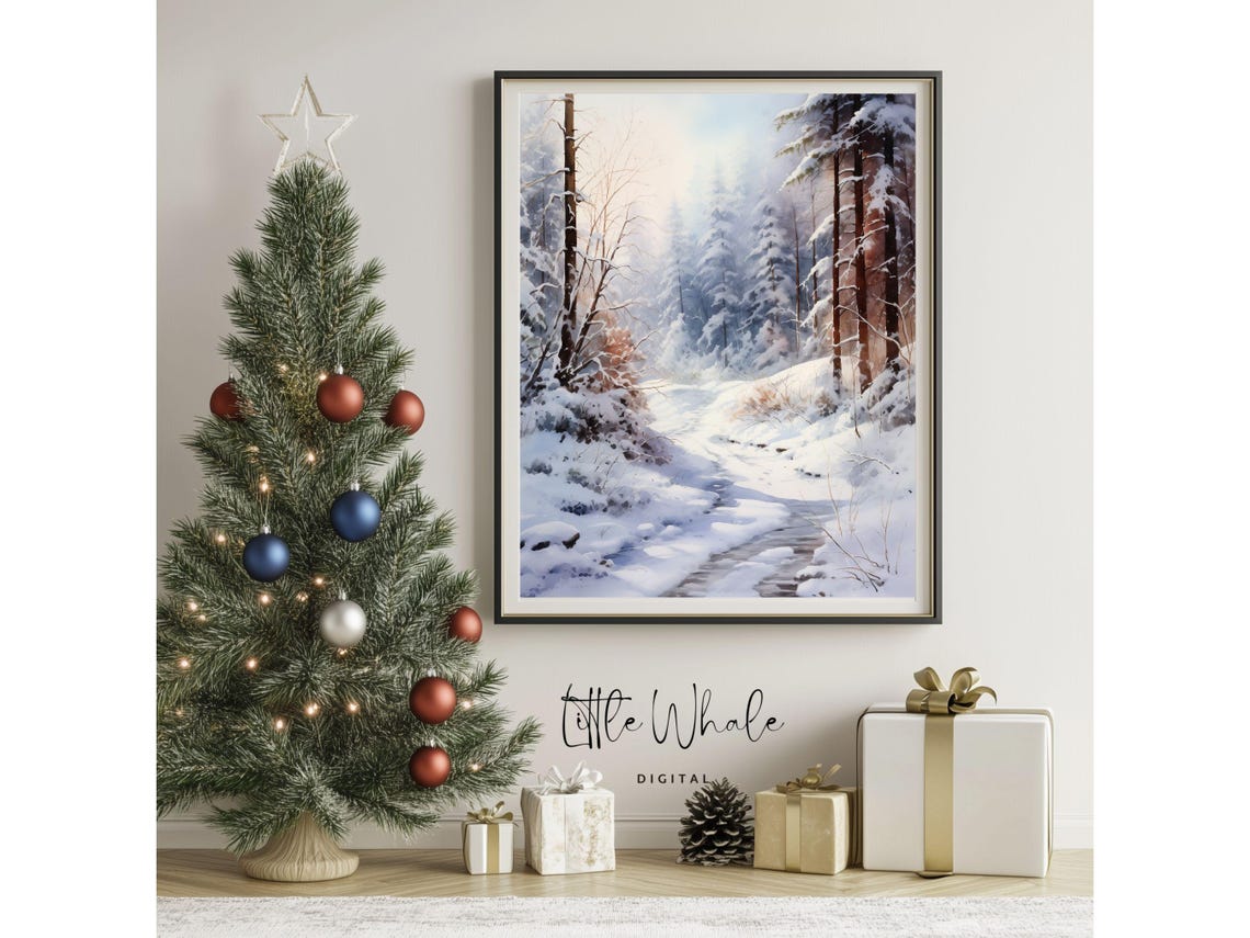Snowy Pine Forest Path Watercolor Painting of Winter Woods Poster - Image 3